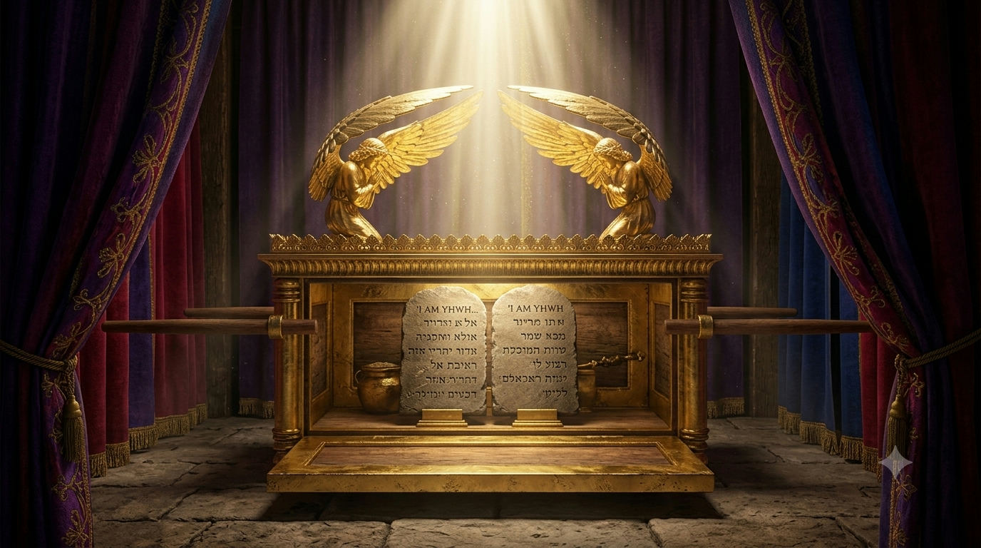 The two stone tablets were the sacred covenant tablets upon which God wrote the Ten Commandments. Given to Moses on Mount Sinai, they served as the physical witness of God's covenant with Israel and were later placed inside the Ark of the Covenant.